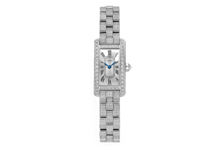 A Cartier Tank watch with diamond details, available at LV Luxury.