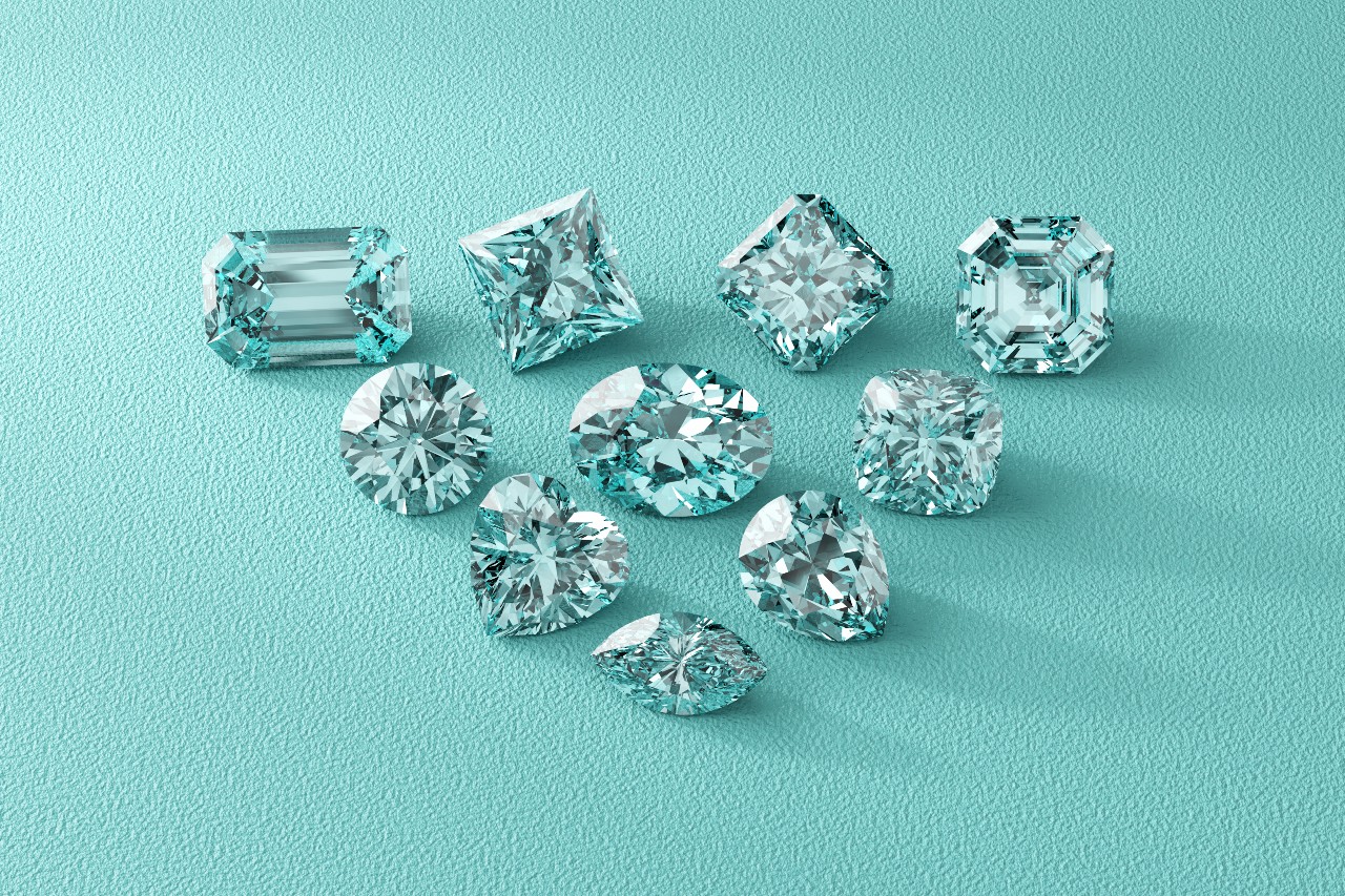 Shimmering diamonds of multiple cuts on a teal background.