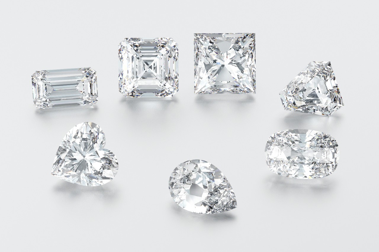 A close-up of sparkling diamonds of various cuts.