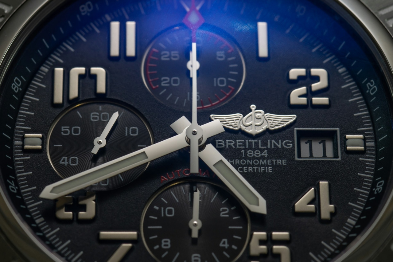 A close-up of the dial on a Breitling wristwatch.